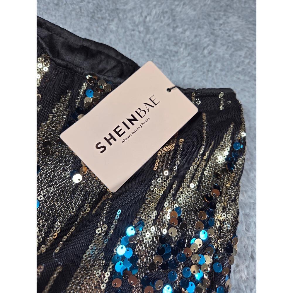 SHEINBAE Sequin Flare Pants XS Black Gold Teal Womens High Waist Party Trousers - Picture 7 of 10